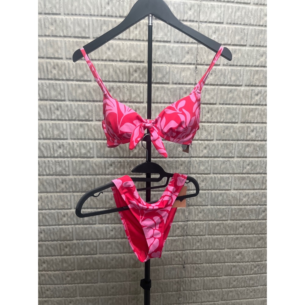Shade & Shore Pink Red Floral Bikini Set 34B Small Front Tie High Leg NWT